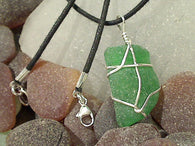 Green Sea Glass and Sterling Silver Pendant With Black Cord - Medium Size