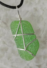 Green Sea Glass and Sterling Silver Pendant With Black Cord - Medium Size