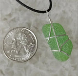 Green Sea Glass and Sterling Silver Pendant With Black Cord - Medium Size