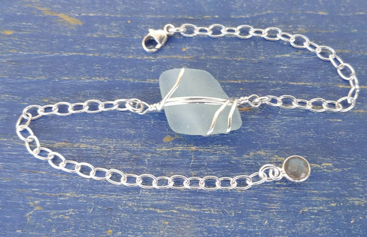 Light Aqua Sea Glass And Sterling Silver Bracelet With Labradorite