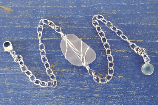 White Sea Glass And Sterling Silver Bracelet With Chalcedony