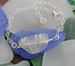 White Sea Glass And Sterling Silver Bracelet With Moonstone