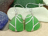 Green Sea Glass And Sterling Silver Earrings - Large Size