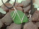 Green Sea Glass and Sterling Silver Pendant With Black Cord - Medium Size