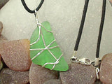 Green Sea Glass and Sterling Silver Pendant With Black Cord - Medium Size