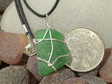 Green Sea Glass and Sterling Silver Pendant With Black Cord - Medium Size