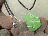 Green Sea Glass and Sterling Silver Pendant With Black Cord - Medium Size