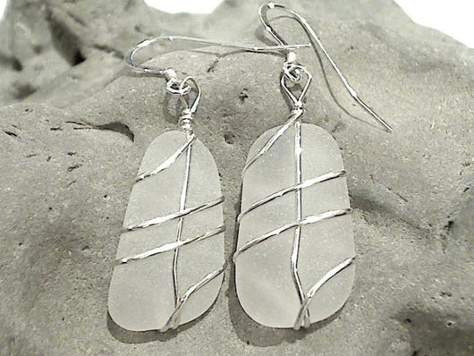 White Sea Glass And Sterling Silver Earrings - Large Size